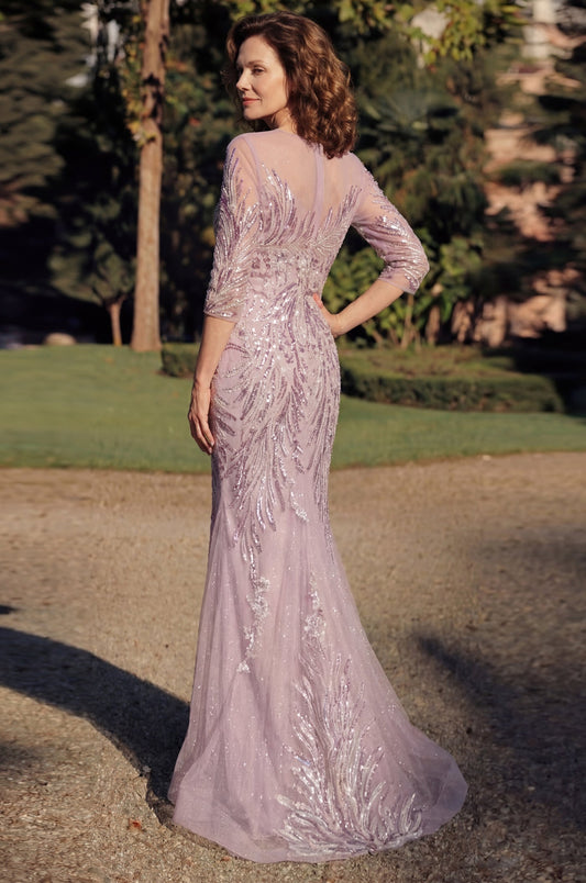 Formal Dresses Long Sleeve Formal Feather Sequins Evening Dress Mauve