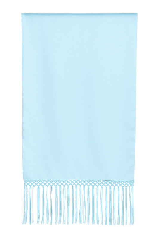Light blue scarf with white fringe on a white background