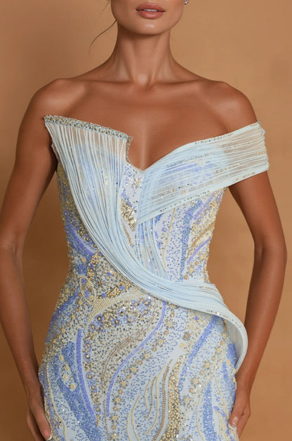 Formal Dresses Beaded Architectural Sculptural Couture Dress Paris Blue