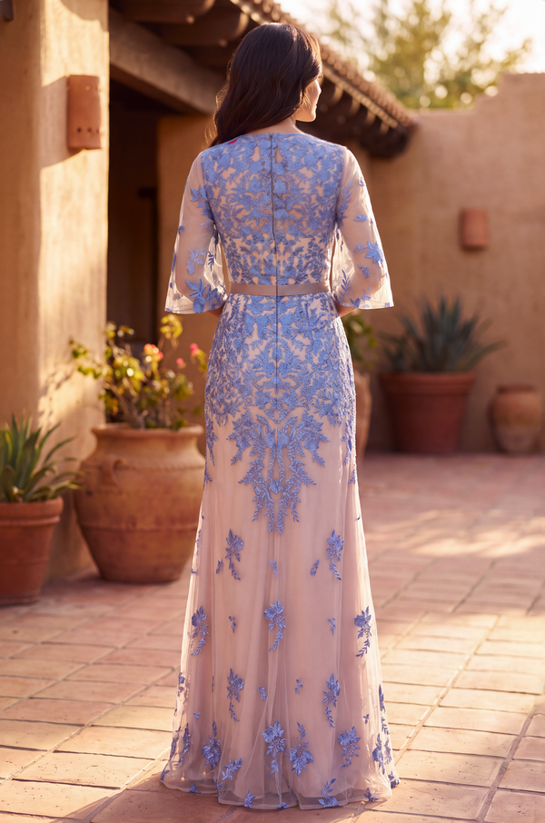 Floor Length Floral Lace Formal Flutter Sleeve Evening Dress