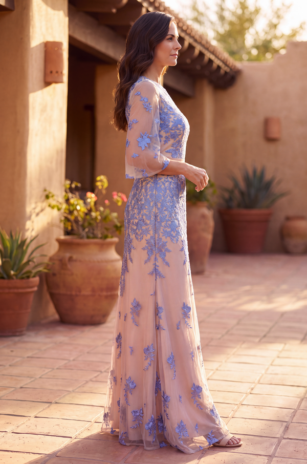 Floor Length Floral Lace Formal Flutter Sleeve Evening Dress