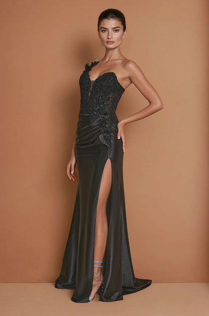 Formal Dresses One Shoulder Formal Dress with Lace Bodice Black