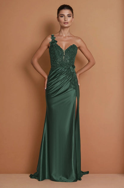 Formal Dresses One Shoulder Formal Dress with Lace Bodice Emerald Green