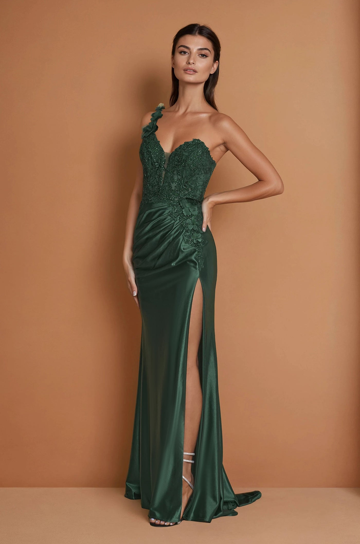 Formal Dresses One Shoulder Formal Dress with Lace Bodice Emerald Green
