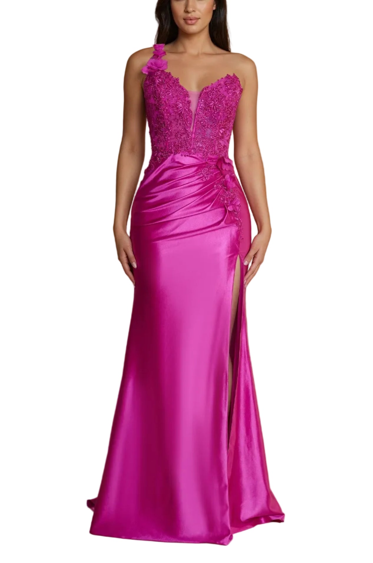 Formal Dresses One Shoulder Formal Dress with Lace Bodice Fuchsia