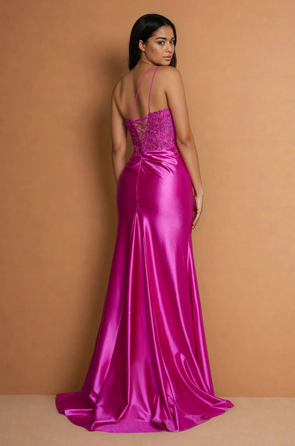 Formal Dresses One Shoulder Formal Dress with Lace Bodice Fuchsia