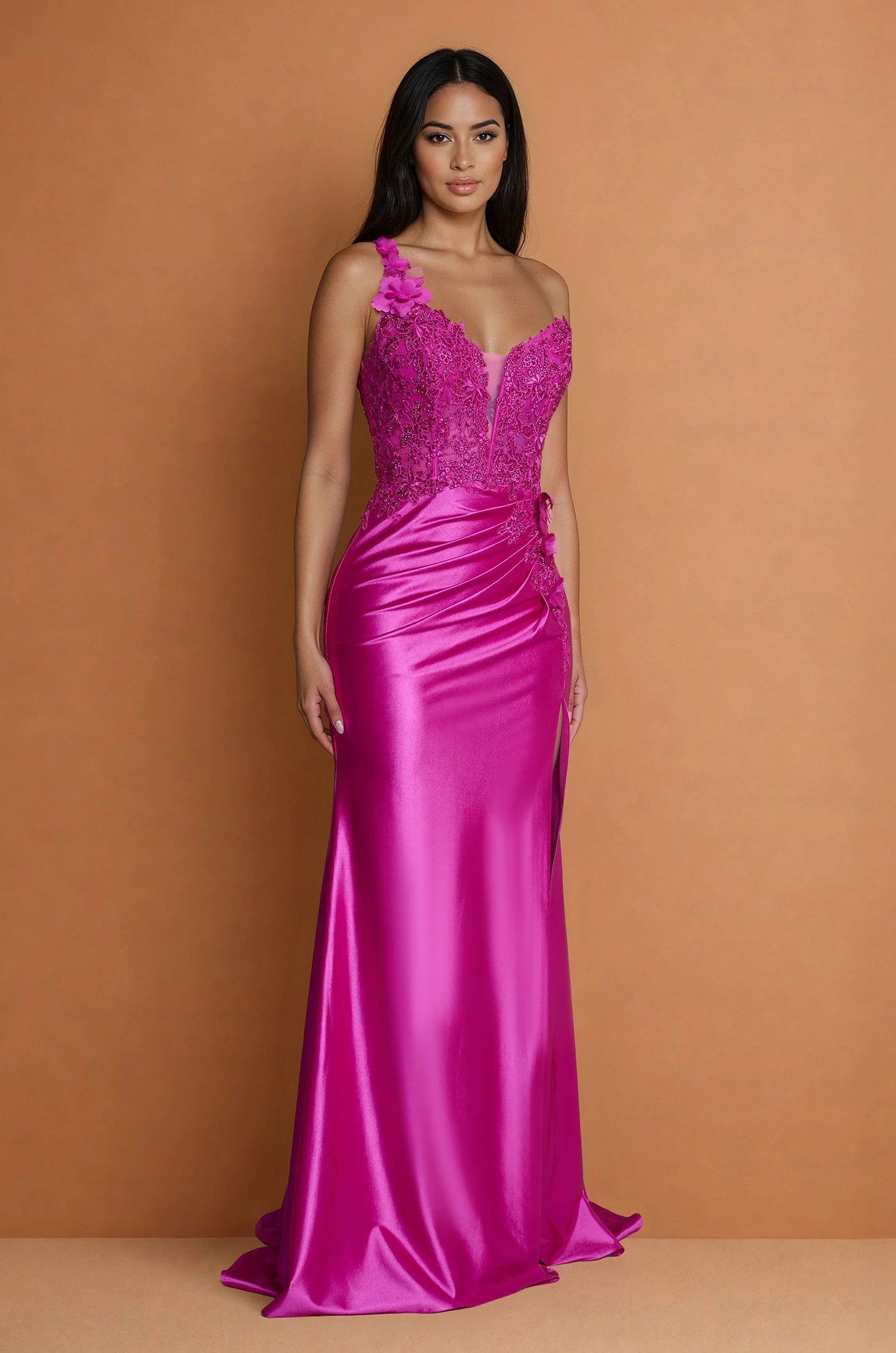 Formal Dresses One Shoulder Formal Dress with Lace Bodice Fuchsia