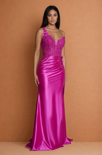 Formal Dresses One Shoulder Formal Dress with Lace Bodice Fuchsia