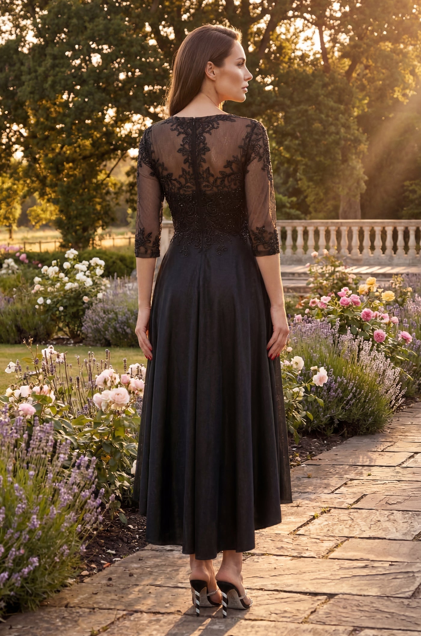 Glitter Swirl Embroidered A Line Formal Dress in Black