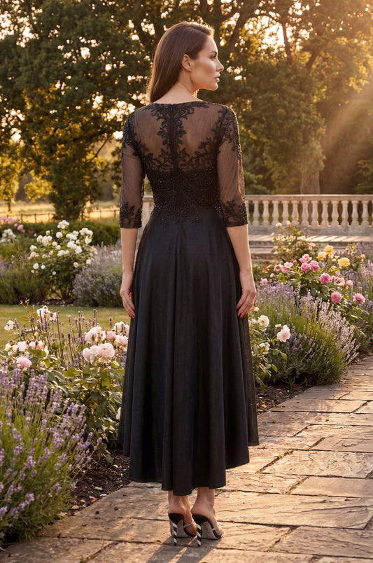 Glitter Swirl Embroidered A Line Formal Dress in Black