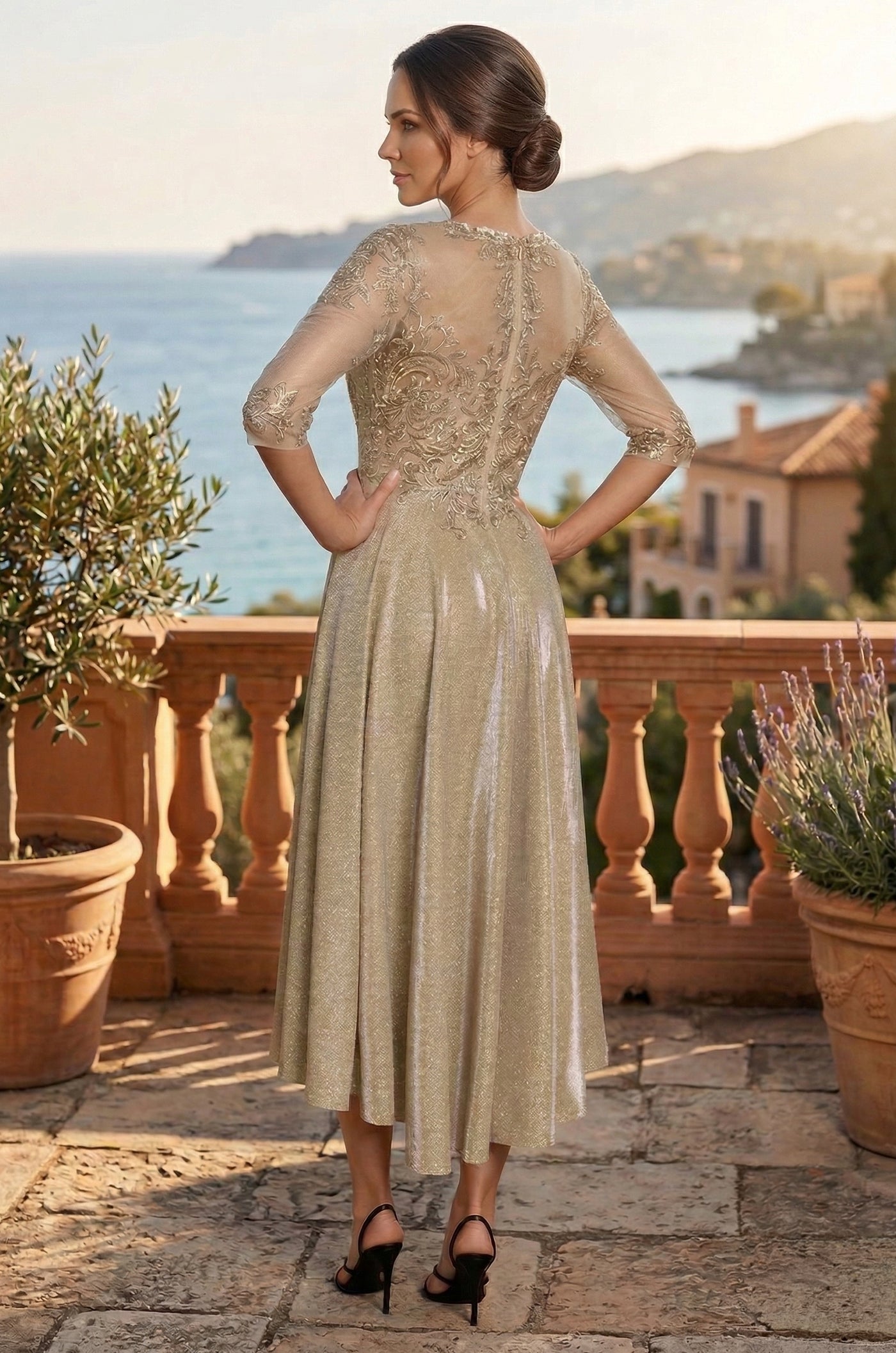 Sequined Swirl Embroidered A Line Formal Dress