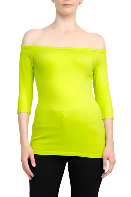 Alberto Makali Off-Shoulder 3/4 Sleeve Solid Spandex Top - NEON GREEN - Front
