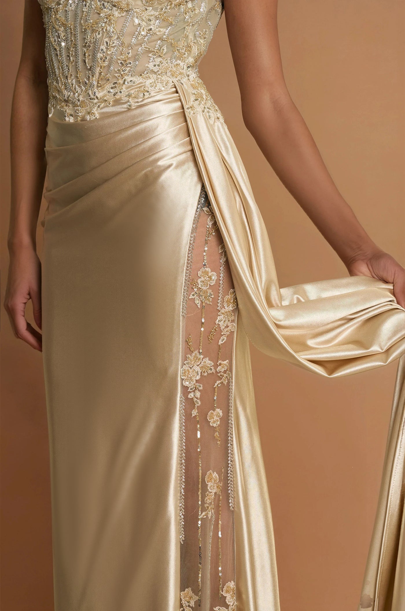 Prom Dresses Long Corset Prom Dresss with Beaded Drape Slit  Champagne
