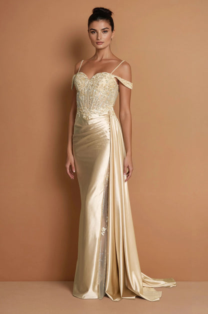 Prom Dresses Long Corset Prom Dresss with Beaded Drape Slit  Champagne