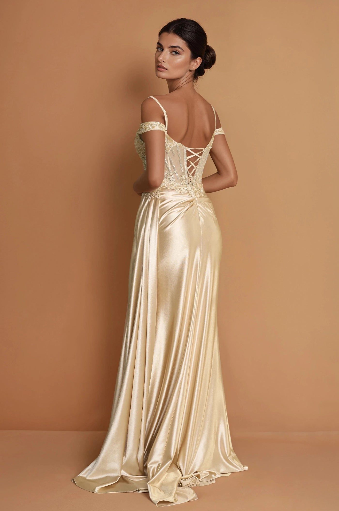 Prom Dresses Long Corset Prom Dresss with Beaded Drape Slit  Champagne