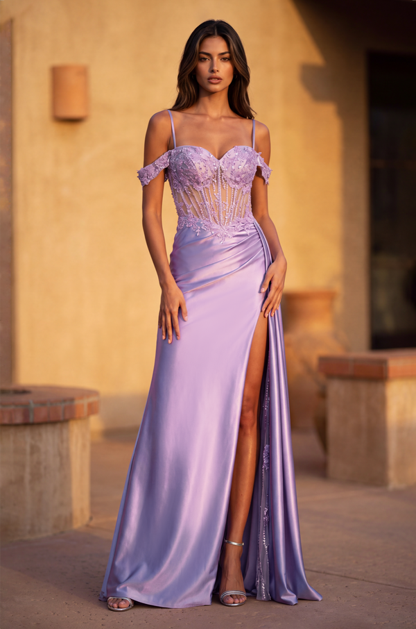 Lace Up Prom Long Dresss with Beaded Drape Slit