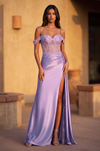 Lace Up Prom Long Dresss with Beaded Drape Slit