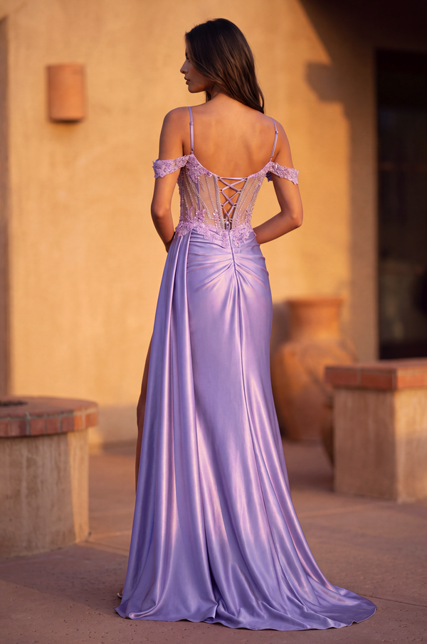 Lace Up Prom Long Dresss with Beaded Drape Slit