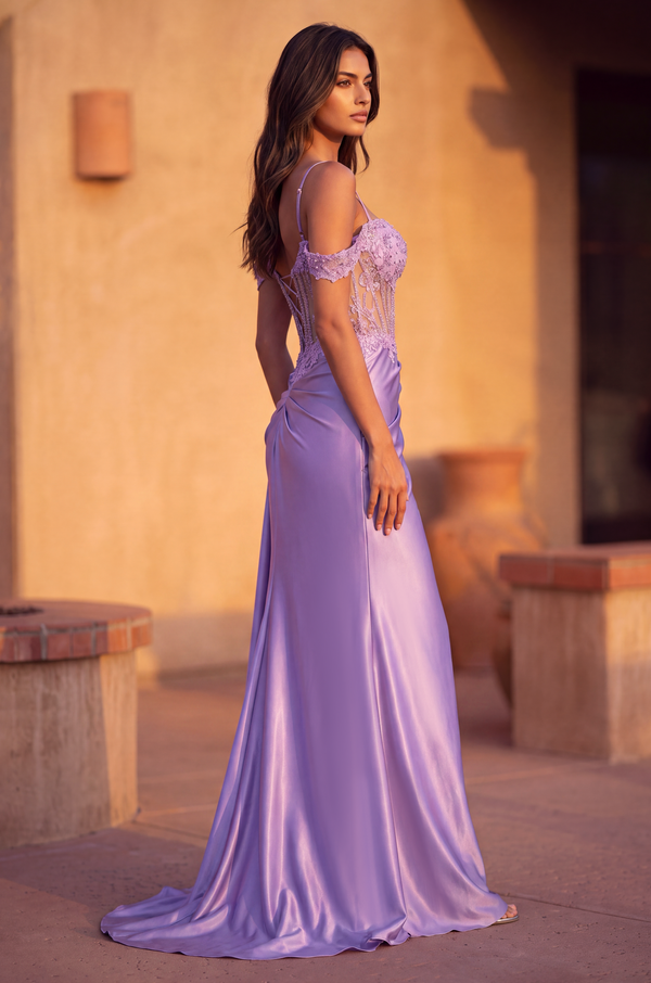 Lace Up Prom Long Dresss with Beaded Drape Slit