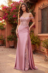 Lace Up Prom Long Dresss with Beaded Drape Slit