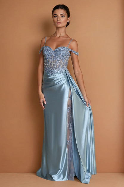 Prom Dresses Long Corset Prom Dresss with Beaded Drape Slit  Periwinkle
