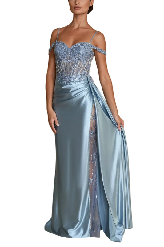 Prom Dresses Long Corset Prom Dresss with Beaded Drape Slit  Periwinkle