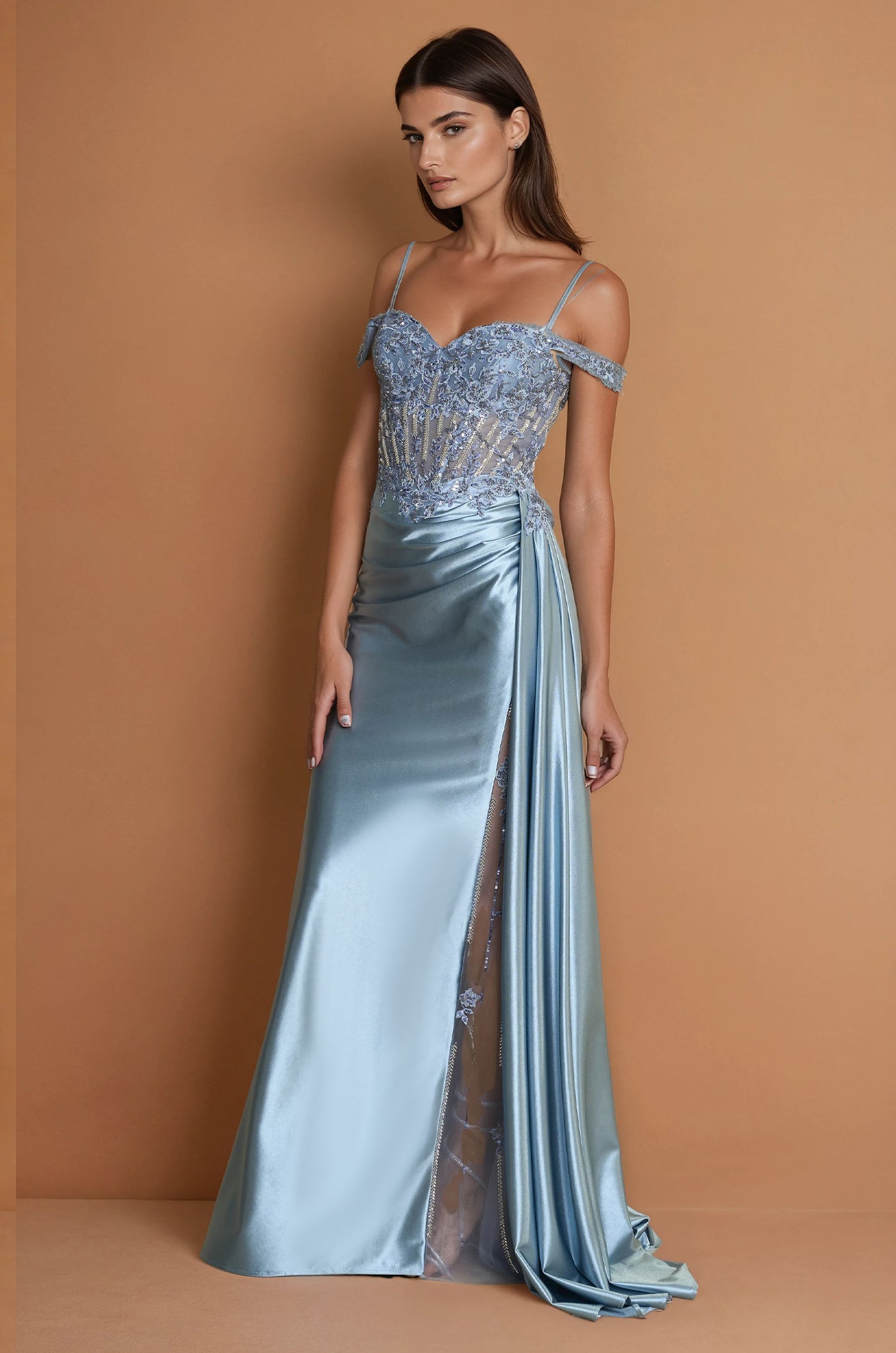 Prom Dresses Long Corset Prom Dresss with Beaded Drape Slit  Periwinkle