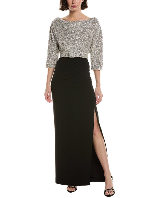 Silver Black Bateau Floor-Length Sequin Formal Side Slit Gown Badgley Mischka EG4612C