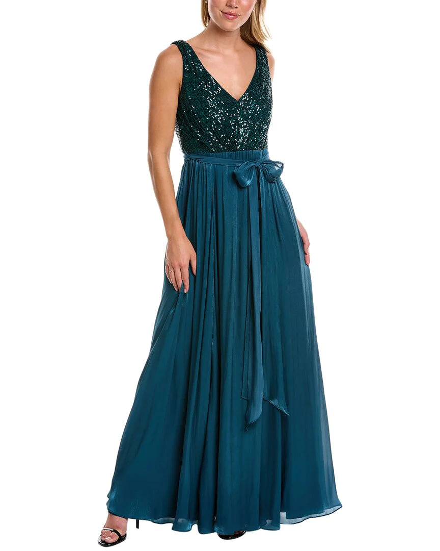 Teal V-Neck Floor-Length Chiffon Formal A-Line Gown Sequin Bodice and Feather Wrap Badgley Mischka EG3614