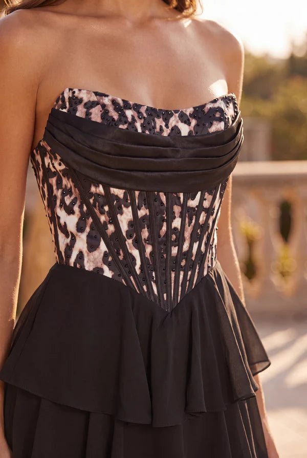 Lace Up Lepord Print Formal Party Dress