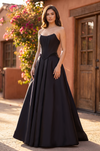 Floor Length Strapless Satin A Line High Slit Pocket Wedding Dress