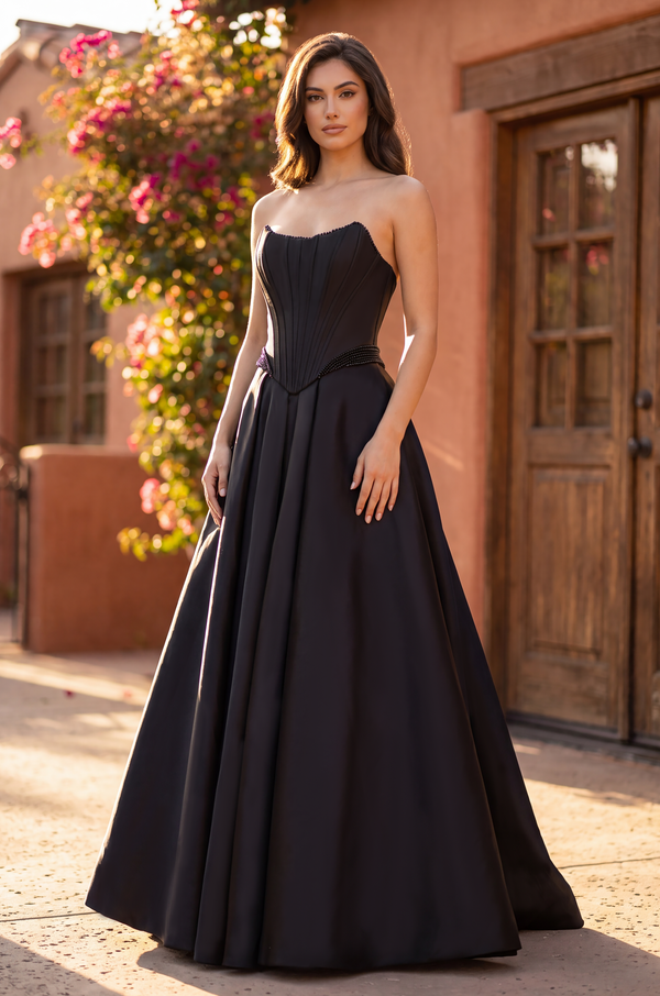 Floor Length Strapless Satin A Line High Slit Pocket Wedding Dress