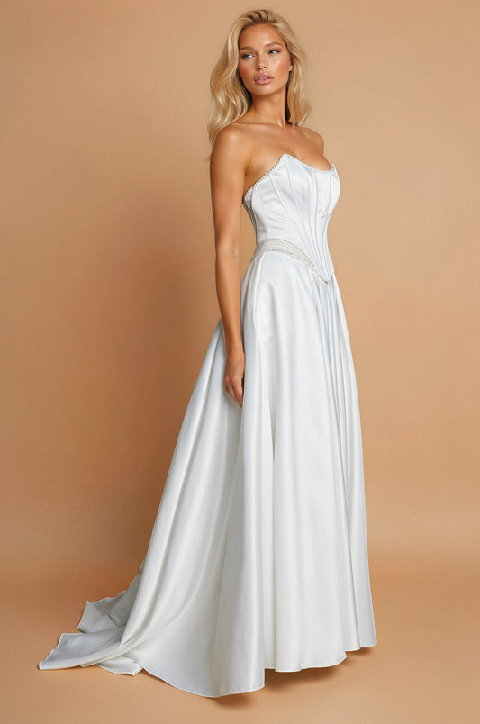 Long Strapless Satin A Line High Slit Pocket Wedding Dress Ivory