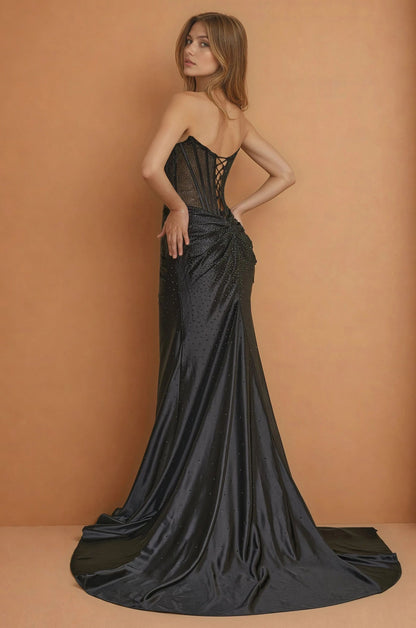 Prom Dresses Strapless Fitted Hot Fix Corset Prom Dress Black