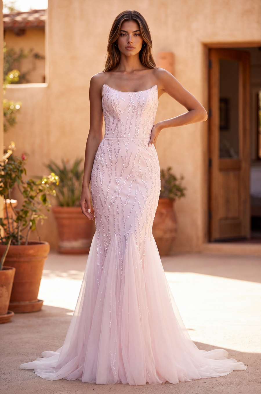 Prom Dresses Long Mermaid Beaded Formal Evening Dress Blush