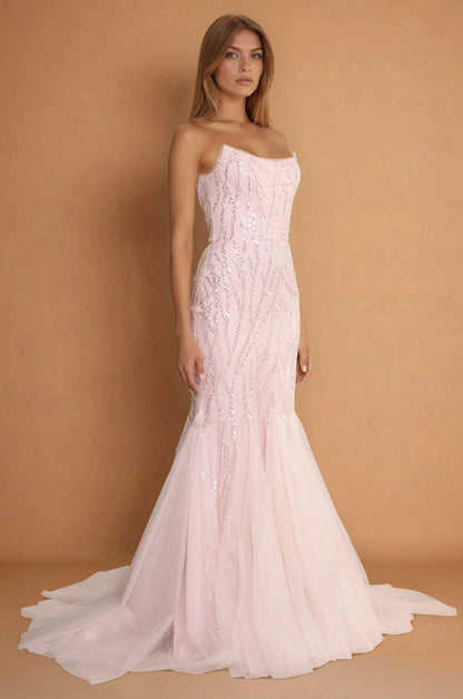 Prom Dresses Long Mermaid Beaded Formal Evening Dress Blush