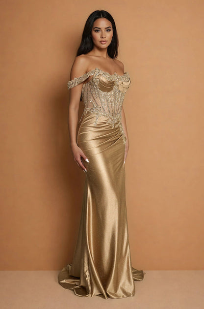 Prom Dresses Long Corset Off Shoulder Formal Prom Dress Antique Gold