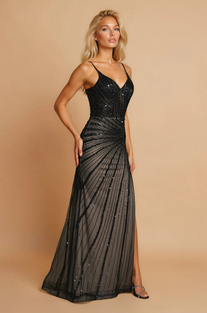 Prom Dresses Fitted Long Formal Sequin Prom Dress Black / Nude