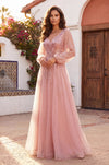 V Neck Floor Length Sleeve Formal Evening Dress
