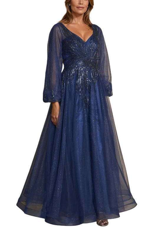Mother of the Bride Dresses V Neck Long Sleeve Formal Evening Dress Navy