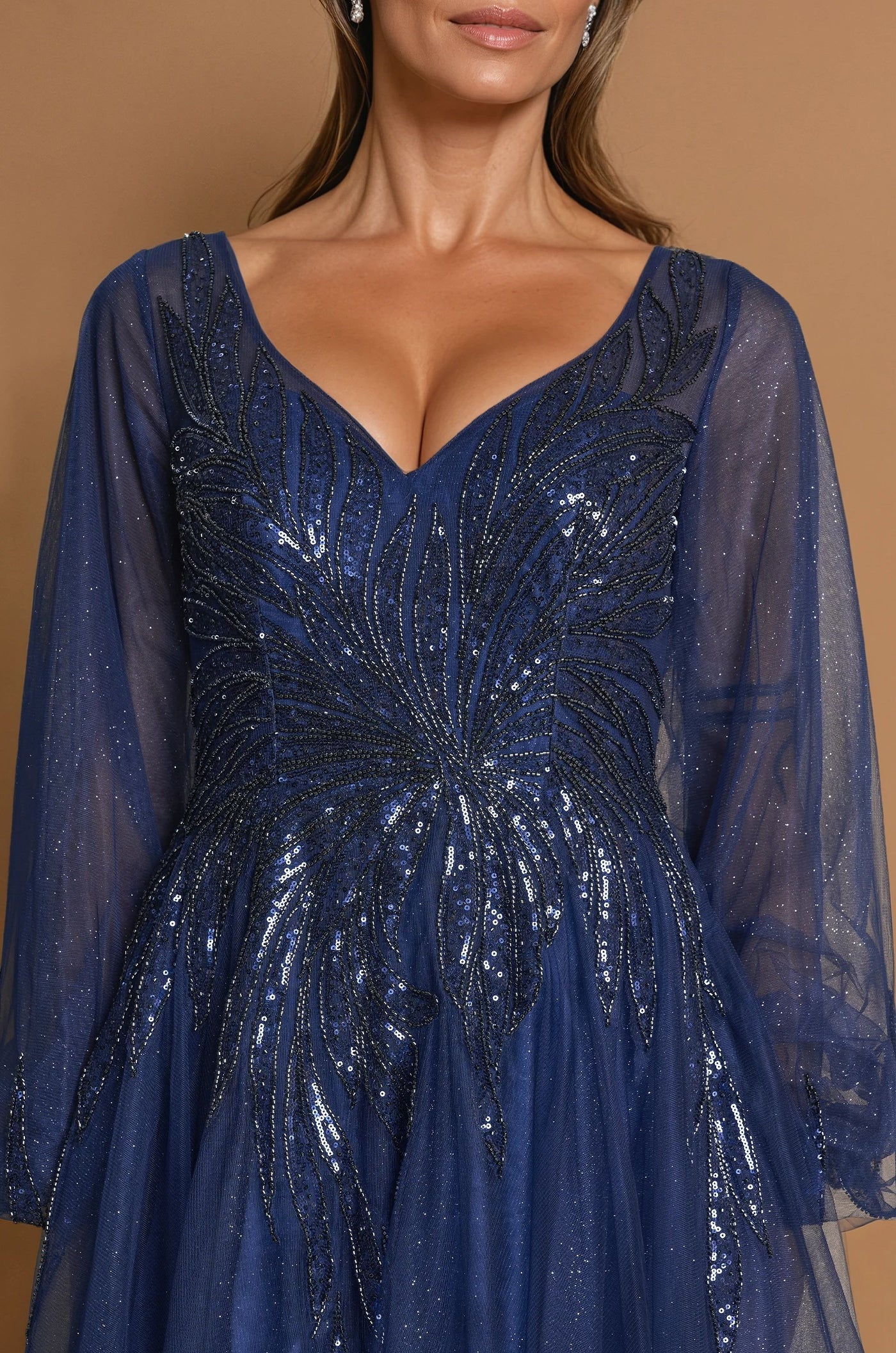 Mother of the Bride Dresses V Neck Long Sleeve Formal Evening Dress Navy