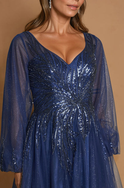 Mother of the Bride Dresses V Neck Long Sleeve Formal Evening Dress Navy