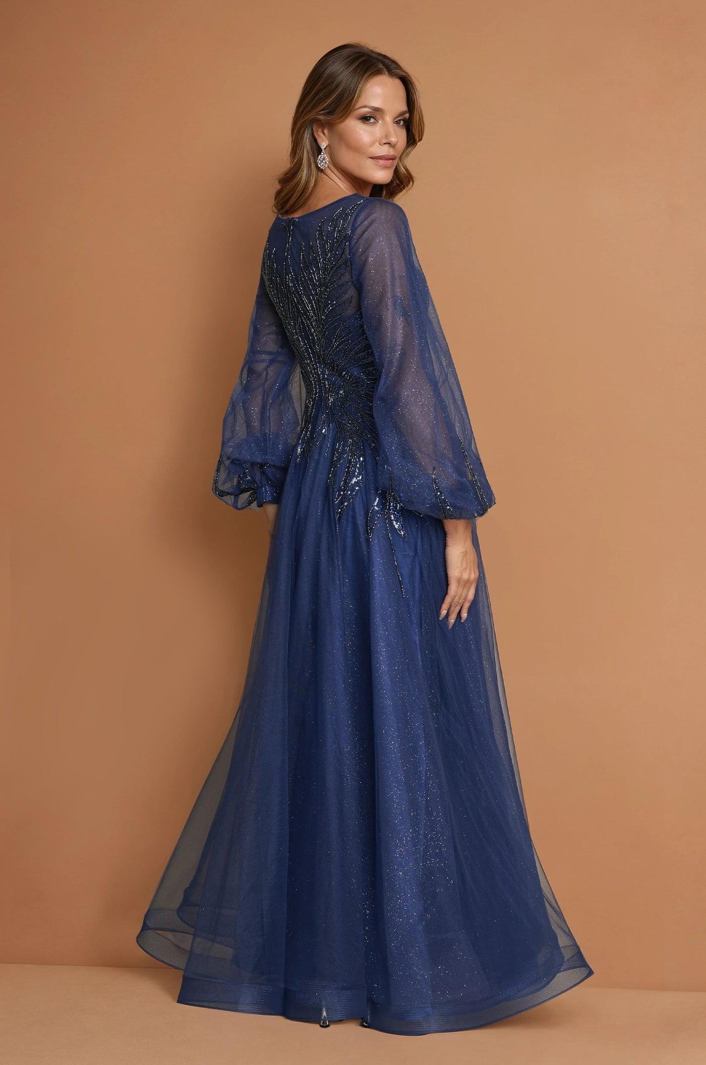 Mother of the Bride Dresses V Neck Long Sleeve Formal Evening Dress Navy