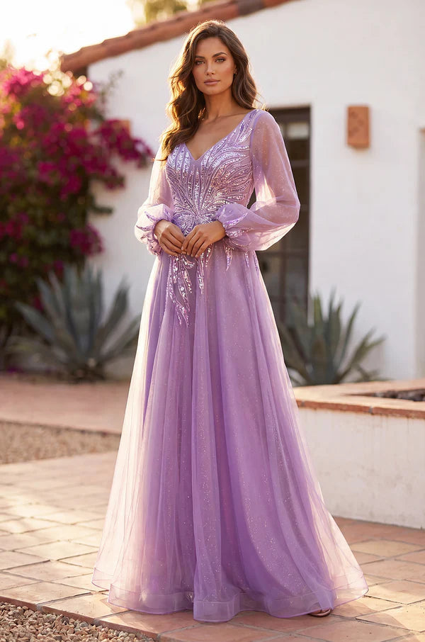 V Neck Floor Length Sleeve Formal Evening Dress