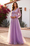 V Neck Floor Length Sleeve Formal Evening Dress