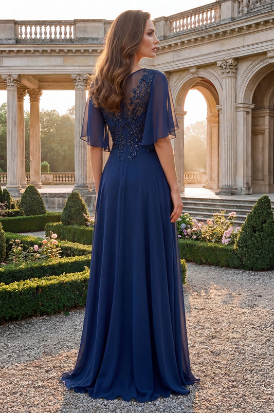 V-Neck Long Chiffon Mother of the Bride Dress Navy
