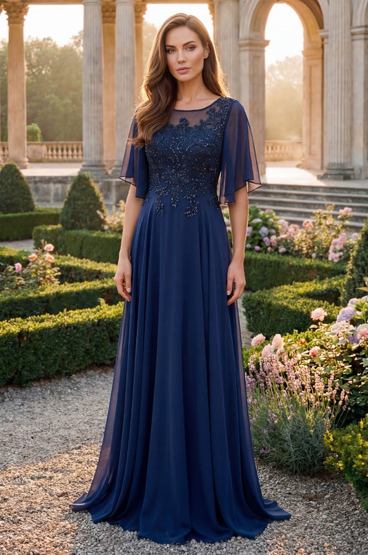 V-Neck Long Chiffon Mother of the Bride Dress Navy