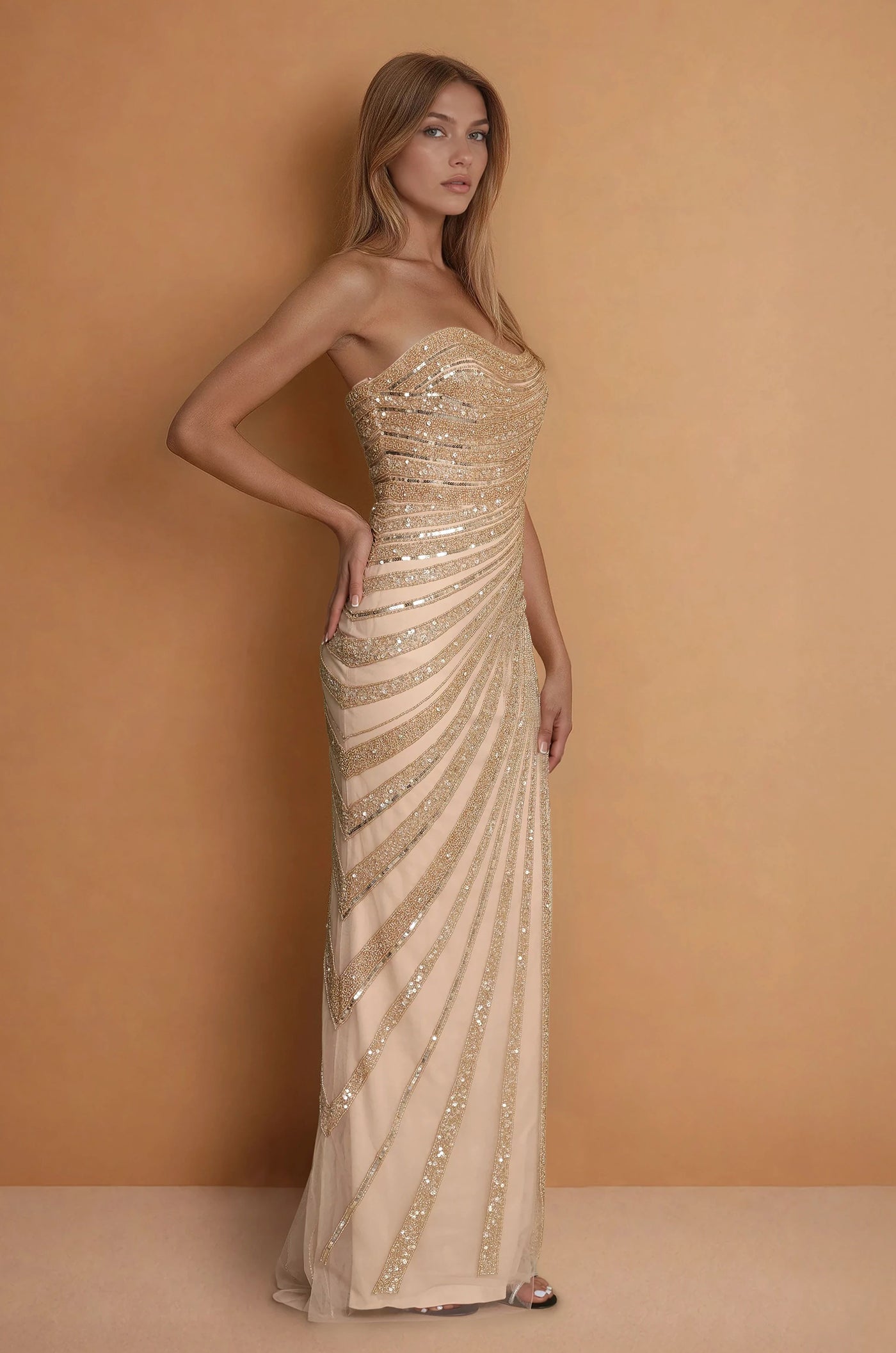 Prom Dresses Fully Hand Beaded Gold Couture Dress Gold