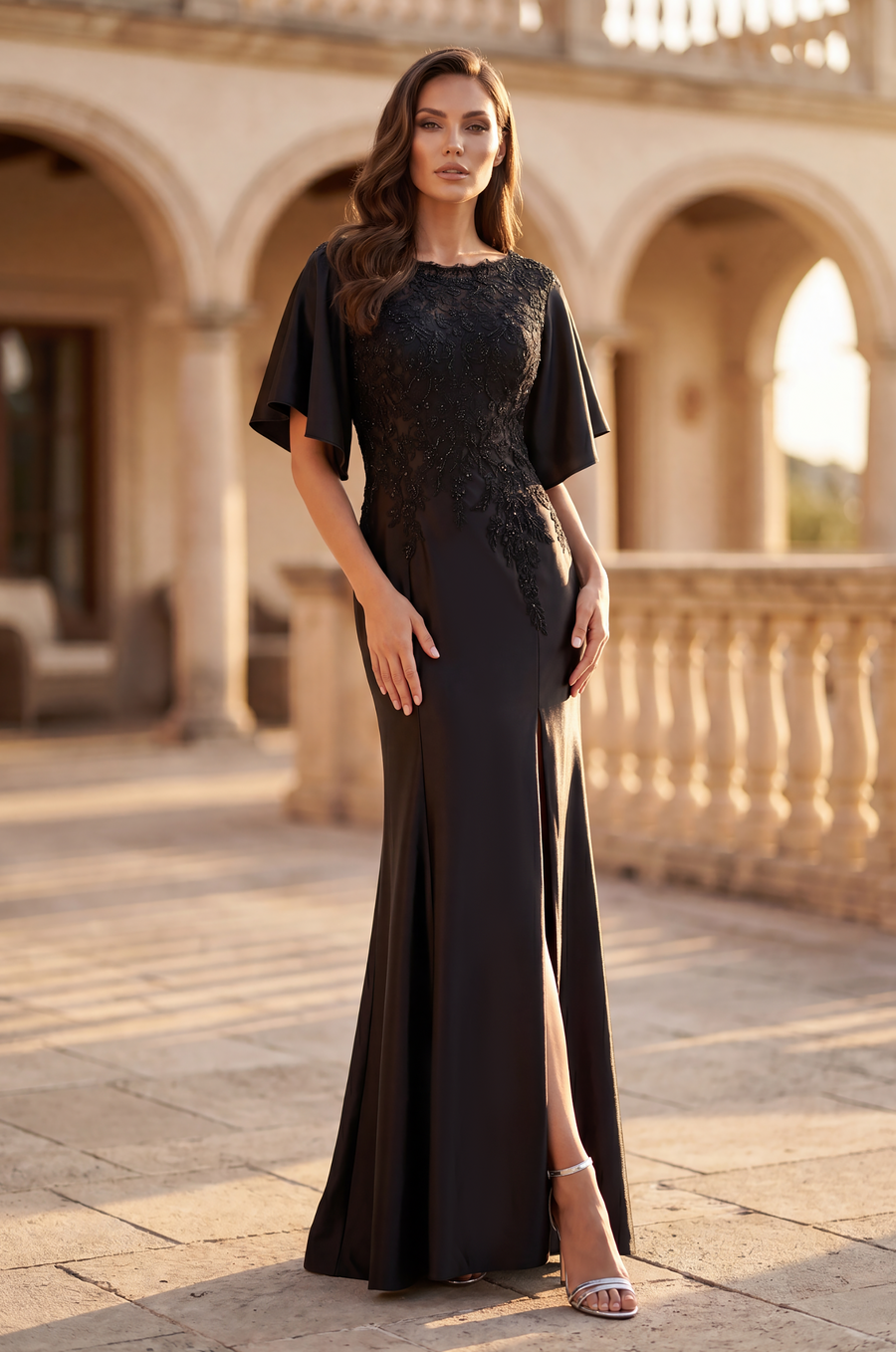 Lace Applique Flutter Sleeve Evening Gown
