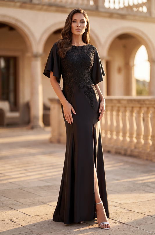 Lace Applique Flutter Sleeve Evening Gown